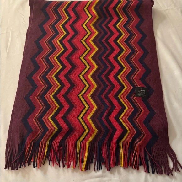 V. FRAAS 100% Cashmere Scarf Wrap Zig Zag Chevron Burgundy Red Yellow Fringe